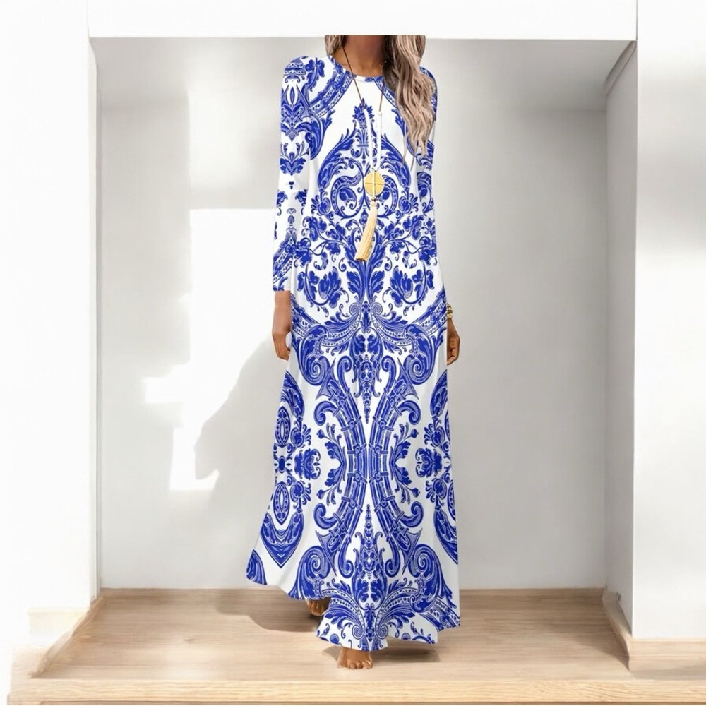 Tribal Print Crew Neck A-line Dress, Casual Long Sleeve Maxi Dress